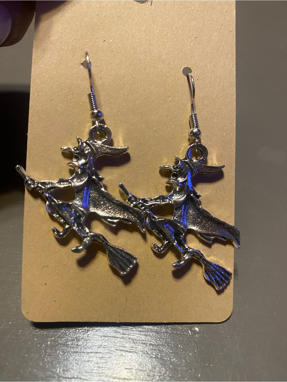 Silver Tone Witch Broom Dangle Earrings Halloween